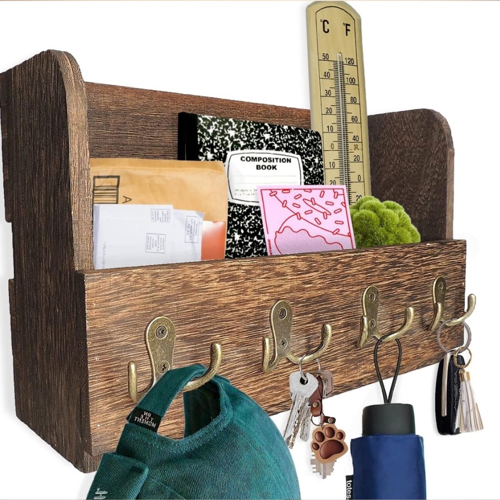 NEW Wooden rustic shelf with hooks